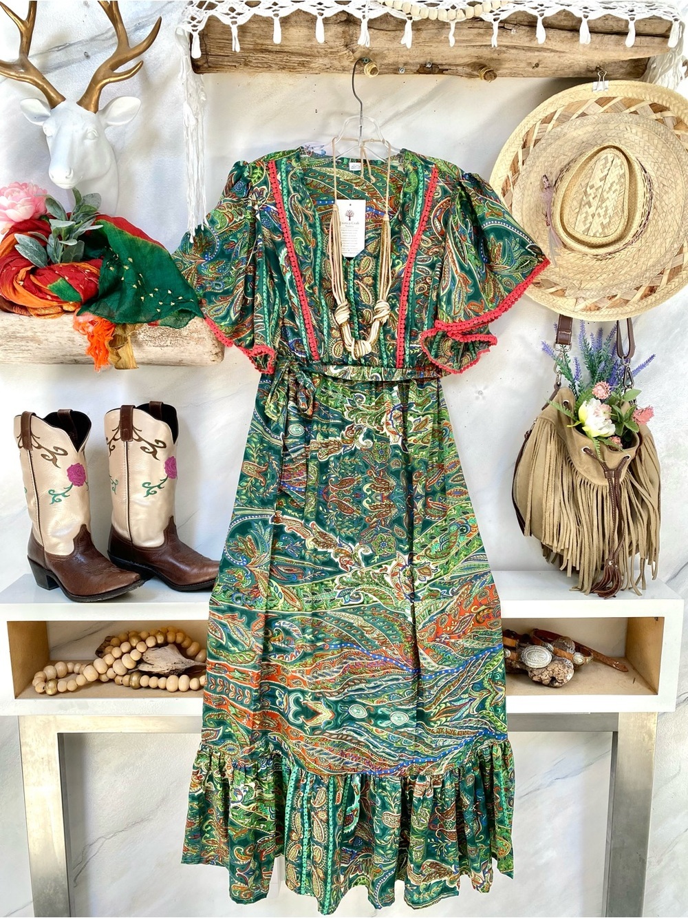 Emerald green SILK Paisley Boho copper accents Dress Gypsy southwestern vibe